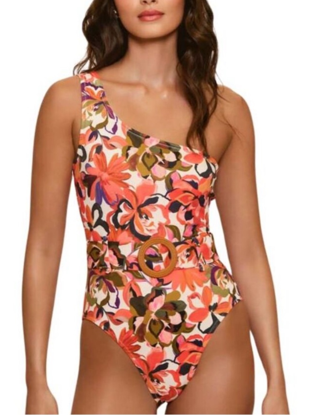 NWT Hutch Floral Bea One Shoulder One Piece Swimsuit Coral Orange Belted Medium